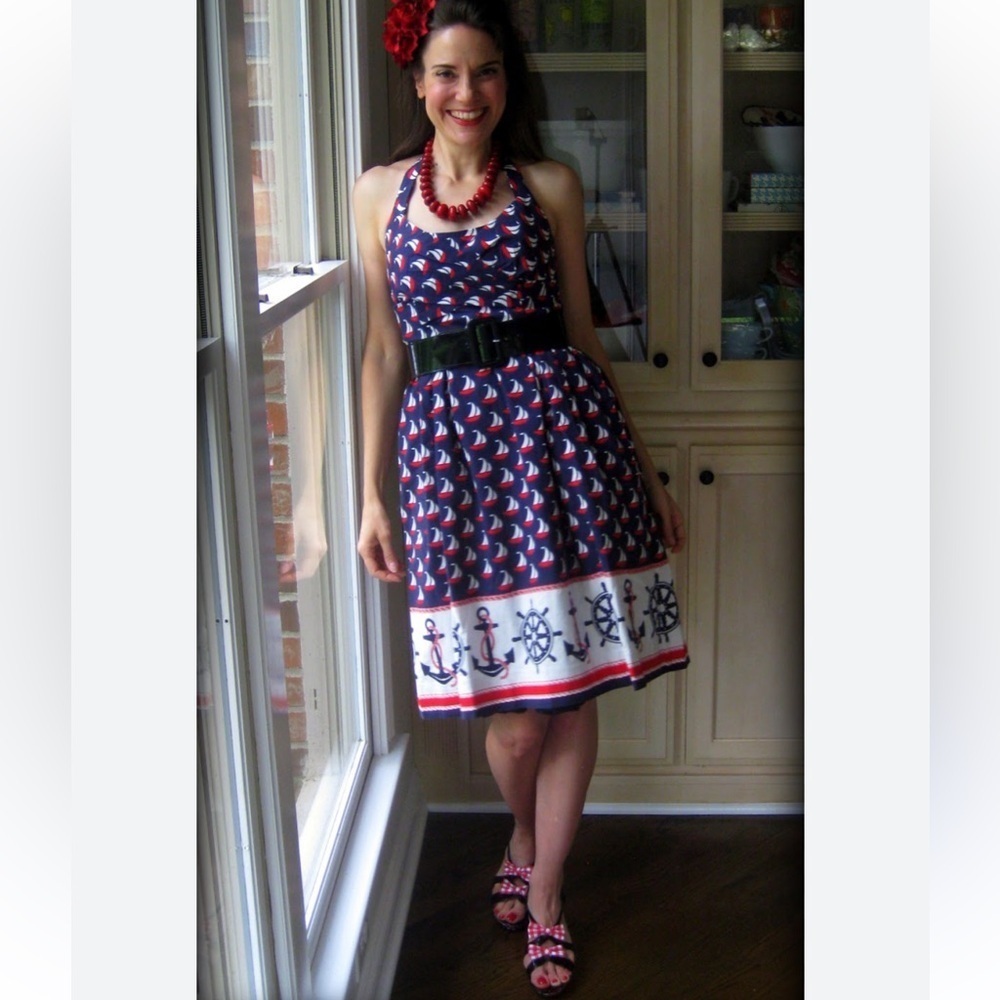 Ahoy sailor! Nautical sailboat Anthropologie Blue Halter Mini Sundress babydoll - Picture 13 of 14